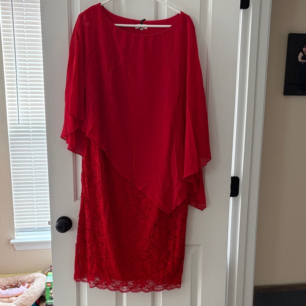 Red Layered Chiffon & Lace Long Sleeve Dress